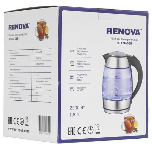 Купить Электрочайник Renova KT17G-06B серебристый  9207214. Характеристики, отзывы и цены в Донецке