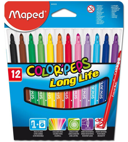 Купить Фломастеры Maped COLOR'PEPS LONG LIFE,3хгр.пиш.узел,смываем,12цв/наб,845020  9138132. Характеристики, отзывы и цены в Донецке