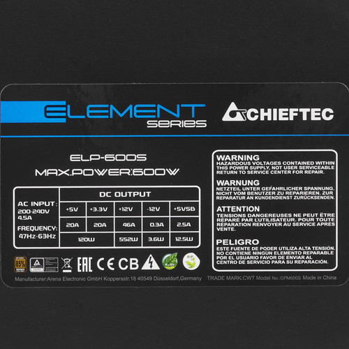 Купить Блок питания Chieftec ELEMENT 600W [ELP-600S] черный  1107519. Характеристики, отзывы и цены в Донецке
