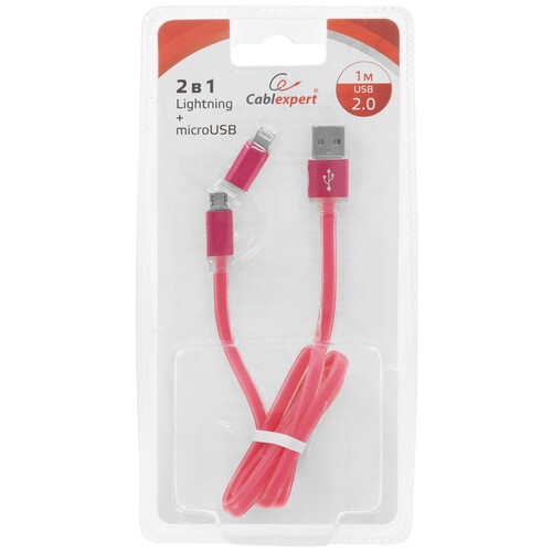 Купить Кабель плоский Cablexpert Lightning 8-pin, micro USB - USB 2.0 Type-A розовый 1 м  5485491. Характеристики, отзывы и цены в Донецке