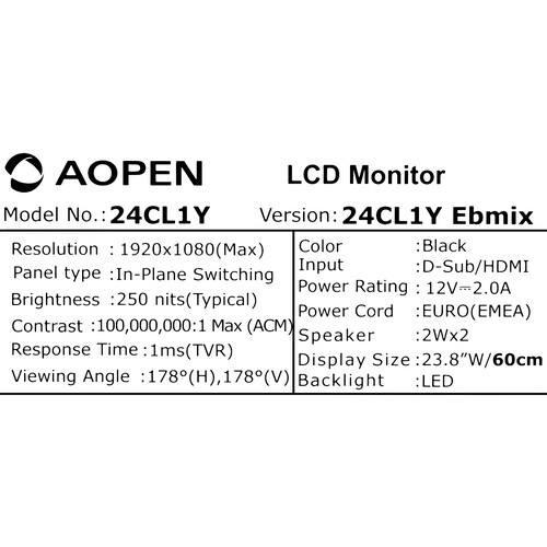 Купить 23.8" Монитор AOpen 24CL1YEbmix черный  5456215. Характеристики, отзывы и цены в Донецке