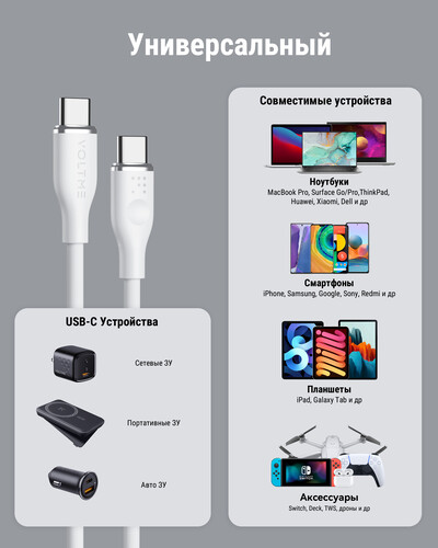 Купить Кабель круглый VOLTME USB Type-C - USB Type-C белый 1.8 м  9210951. Характеристики, отзывы и цены в Донецке