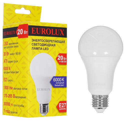 Купить Лампа светодиодная EuroluxLL-E-A70-20W-230-6K-E27  5401695. Характеристики, отзывы и цены в Донецке