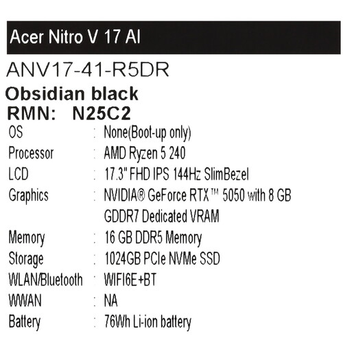Купить 17.3" Ноутбук Acer Nitro V 17 AI ANV17-41-R5DR черный  5634288. Характеристики, отзывы и цены в Донецке