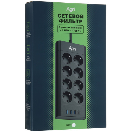 Купить Сетевой фильтр AGNI TP-FA4U8E-C белый  9289261. Характеристики, отзывы и цены в Донецке