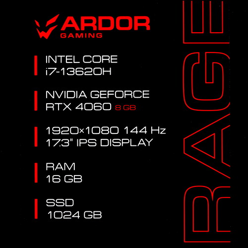 Купить 17.3" Ноутбук ARDOR Gaming RAGE R17-I7ND405 черный  9083314. Характеристики, отзывы и цены в Донецке