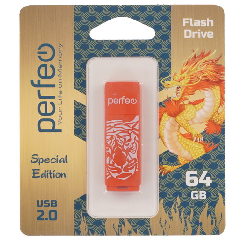 Купить Память USB Flash 64 ГБ Perfeo C04 Red Tiger [PF-C04RT064]  9209296. Характеристики, отзывы и цены в Донецке