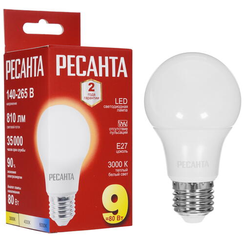 Купить Лампа светодиодная Ресанта LL-R-A60-9W-230-3K-E27  5401718. Характеристики, отзывы и цены в Донецке