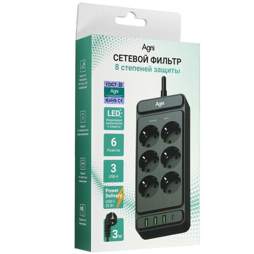 Купить Сетевой фильтр AGNI TP-FS4U6E-C черный  9289292. Характеристики, отзывы и цены в Донецке