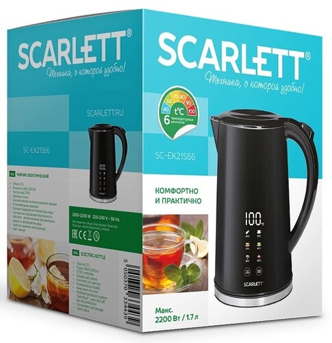 Купить Электрочайник Scarlett SC-EK21S66 черный  9268023. Характеристики, отзывы и цены в Донецке