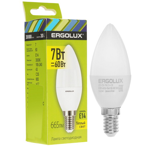 Купить Лампа светодиодная Ergolux LED-C35-7W-E14-3K  5467584. Характеристики, отзывы и цены в Донецке