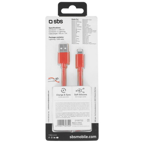 Купить Кабель круглый SBS Lightning 8-pin MFI - USB 2.0 Type-A красный 1.5 м  5617418. Характеристики, отзывы и цены в Донецке