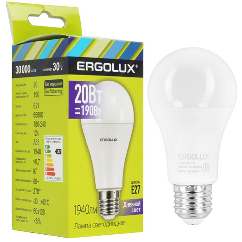 Купить Лампа светодиодная Ergolux LED-A65-20W-E27-6K  5467583. Характеристики, отзывы и цены в Донецке
