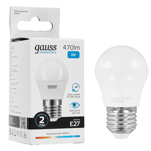 Купить Лампа светодиодная Gauss Elementary Шар 6W 470lm 6500K Е27 LED 1/10/100  9109814. Характеристики, отзывы и цены в Донецке