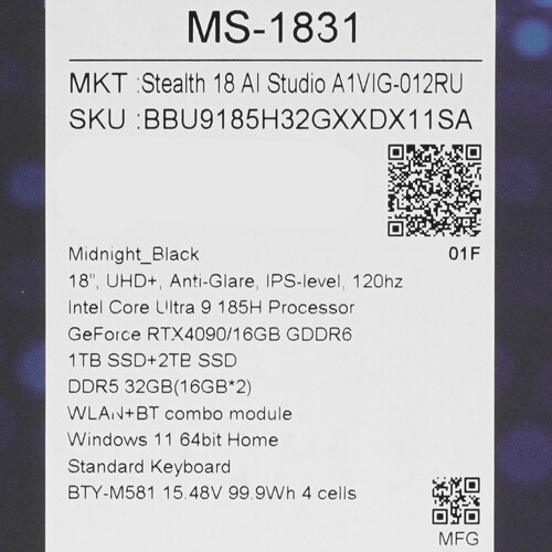 Купить 18" Ноутбук MSI Stealth 18 AI Studio A1VIG-012RU черный  5609713. Характеристики, отзывы и цены в Донецке