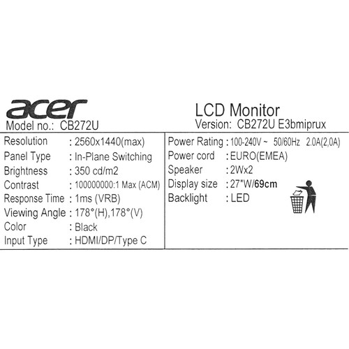Купить 27" Монитор Acer Vero CB272UE3bmiprux черный  5455301. Характеристики, отзывы и цены в Донецке