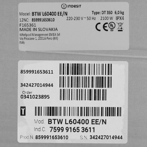 Купить Стиральная машина Indesit BTW L60400 EE/N белый  9153057. Характеристики, отзывы и цены в Донецке