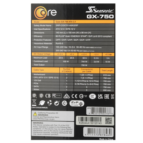 Купить Блок питания Seasonic ATX [CORE (V3) GX-750] черный  5652975. Характеристики, отзывы и цены в Донецке