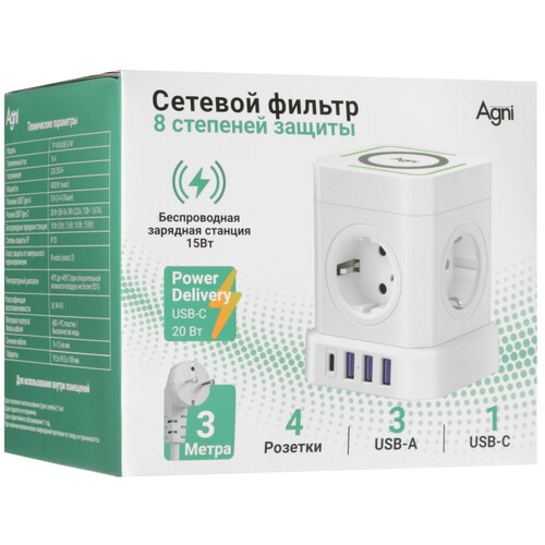Купить Сетевой фильтр AGNI TP-VE4U5E-C-W белый  9289291. Характеристики, отзывы и цены в Донецке