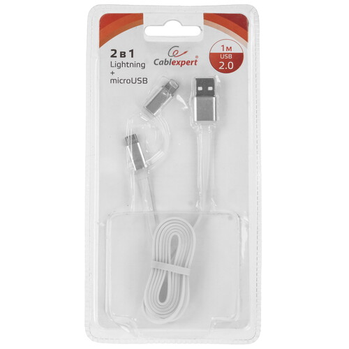 Купить Кабель плоский Cablexpert Lightning 8-pin, micro USB - USB 2.0 Type-A белый 1 м  5485520. Характеристики, отзывы и цены в Донецке