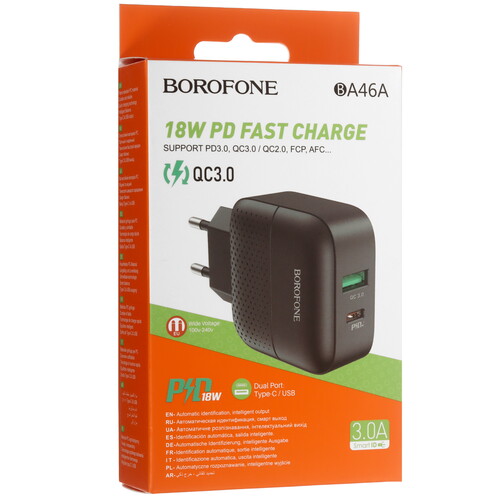 Купить Сетевое зарядное устройство Borofone BA46A Premium черный  5474735. Характеристики, отзывы и цены в Донецке