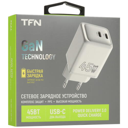 Купить Сетевое зарядное устройство TFN GaN C+C 45W Dual белый  5465315. Характеристики, отзывы и цены в Донецке