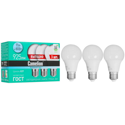 Купить Комплект светодиодных ламп Camelion LED11-A60-3/845/E27  5023474. Характеристики, отзывы и цены в Донецке