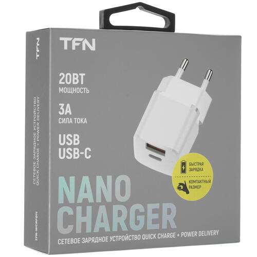 Купить Сетевое зарядное устройство TFN NANO A+C PD 20W белый  5076579. Характеристики, отзывы и цены в Донецке