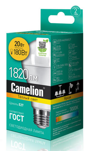 Купить Лампа светодиодная Camelion LED A65-20w-830-E27  1184370. Характеристики, отзывы и цены в Донецке