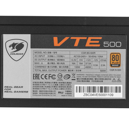 Купить Блок питания Cougar VTE500 [CGR BS-500R] черный  1212156. Характеристики, отзывы и цены в Донецке
