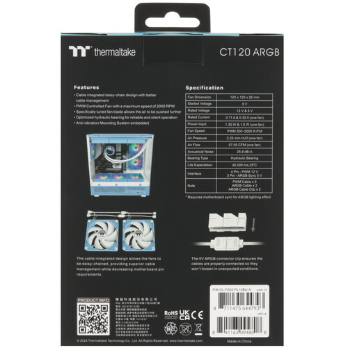 Купить Комплект вентиляторов Thermaltake CT120 ARGB Hydrangea Blue [CL-F202-PL12BU-A] голубой  5486444. Характеристики, отзывы и цены в Донецке