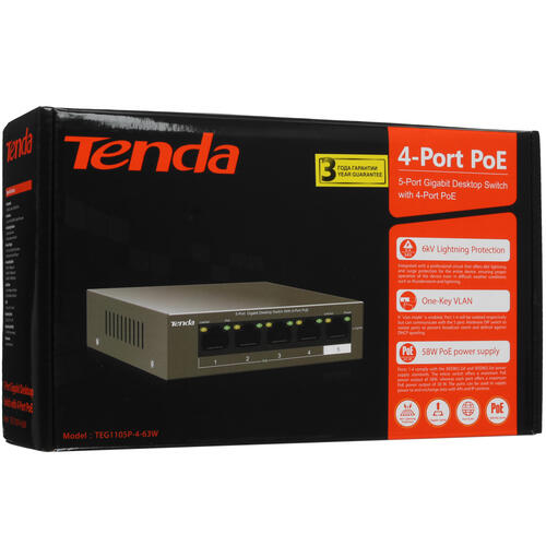 Купить Коммутатор Tenda TEG1105P-4-63W  4856778. Характеристики, отзывы и цены в Донецке