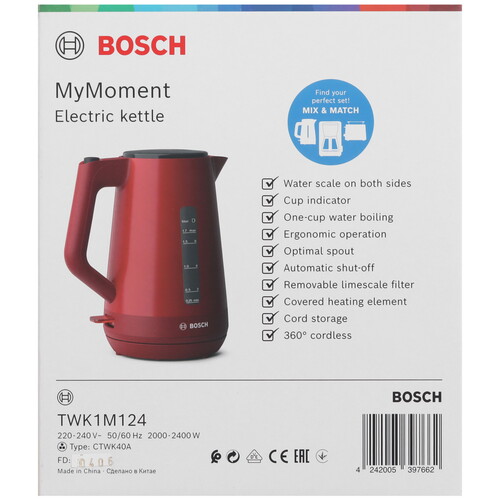 Купить Электрочайник BOSCH TWK 1M124 красный  9186112. Характеристики, отзывы и цены в Донецке