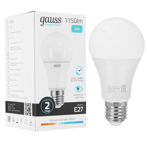 Купить Лампа светодиодная Gauss Elementary A60 12W 1150lm 4100K E27 LED 1/10/40  9106050. Характеристики, отзывы и цены в Донецке