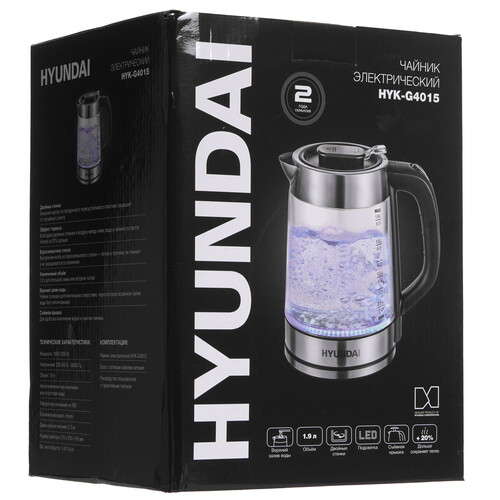 Купить Электрочайник Hyundai HYK-G4015 серебристый  9228385. Характеристики, отзывы и цены в Донецке