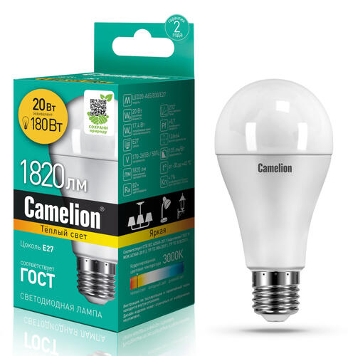 Купить Лампа светодиодная Camelion LED A65-20w-830-E27  1184370. Характеристики, отзывы и цены в Донецке
