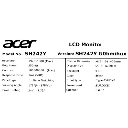 Купить 23.8" Монитор Acer SH242YG0bmihux черный  5624527. Характеристики, отзывы и цены в Донецке