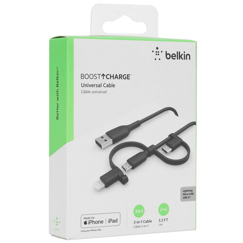 Купить Кабель круглый Belkin Lightning 8-pin MFI, micro USB, USB Type-C - USB 2.0 Type-A черный 1 м  4816565. Характеристики, отзывы и цены в Донецке