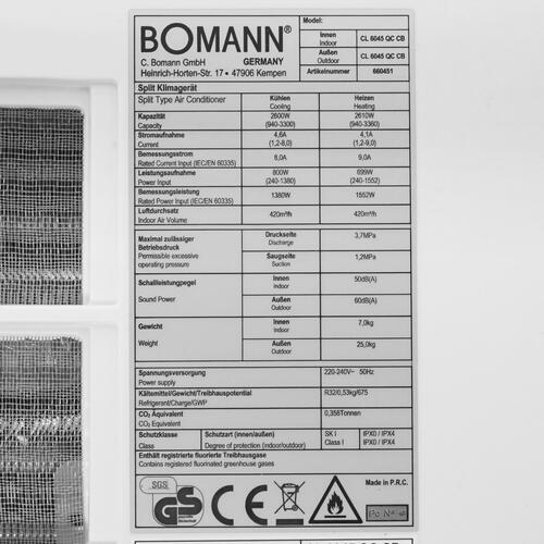 Купить Кондиционер настенный сплит-система Bomann CL 6045 QC CB белый  9903196. Характеристики, отзывы и цены в Донецке