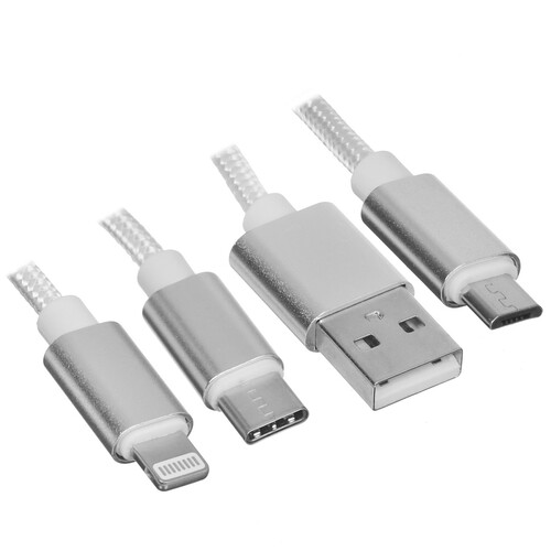 Купить Кабель круглый Атом Lightning 8-pin, micro USB, USB Type-C - USB 2.0 Type-A серебристый 1.2 м  5480088. Характеристики, отзывы и цены в Донецке