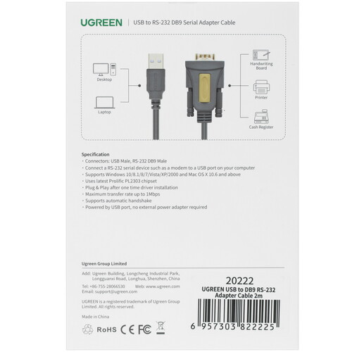 Купить Кабель Ugreen USB 2.0 Type-A - COM(RS232) 9pin  4834382. Характеристики, отзывы и цены в Донецке