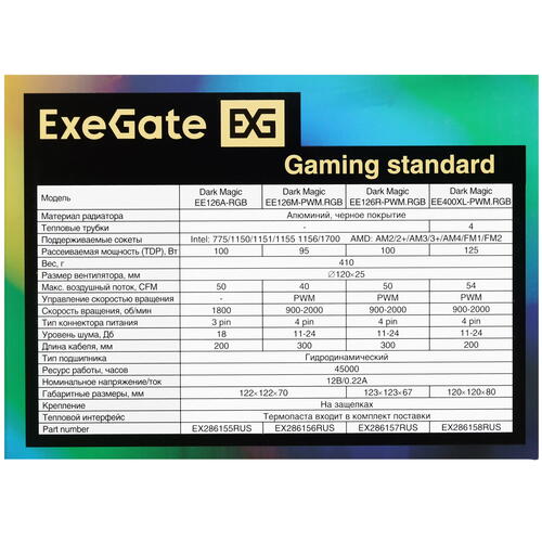 Купить Кулер для процессора ExeGate Dark Magic EE400XL-PWM.RGB  5365742. Характеристики, отзывы и цены в Донецке