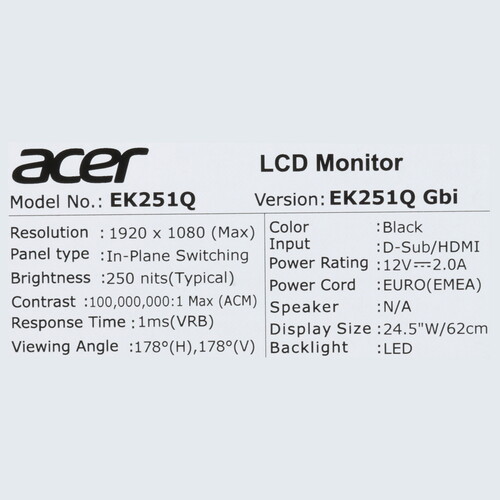 Купить 24.5" Монитор Acer EK251QGbi черный  5603460. Характеристики, отзывы и цены в Донецке