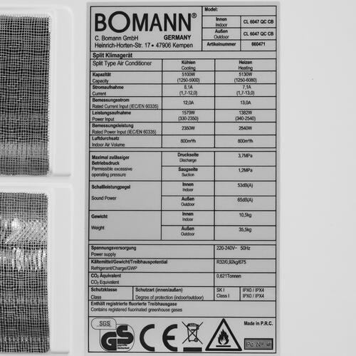 Купить Кондиционер настенный сплит-система Bomann CL 6047 QC CB белый  9903198. Характеристики, отзывы и цены в Донецке