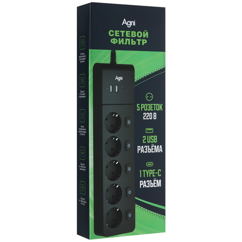 Купить Сетевой фильтр AGNI TP-FI3U5E-C черный  9289367. Характеристики, отзывы и цены в Донецке