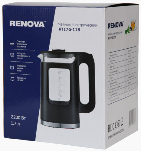 Купить Электрочайник RENOVA KT17G-11B черный  9182155. Характеристики, отзывы и цены в Донецке